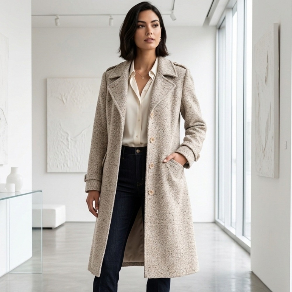 Utex Design Wool‎ Blend Coat 6 Cream Tan Textured Long Trench Jacket 253600 866